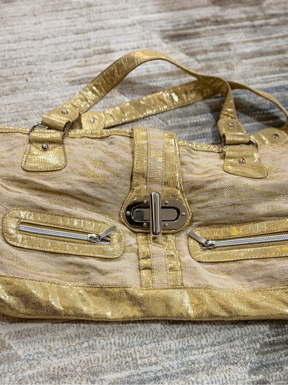 Metallic Gold Shoulder Bag with Turn-Lock Closure
